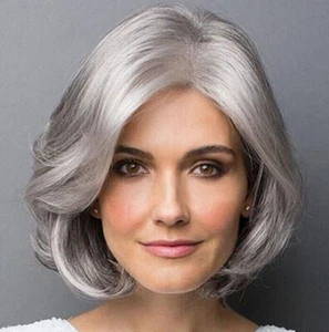 Frau Perücke Silbergrau Bob Lockiges Haar Pony Haaren Perücken Wig Haarteile - Bild 1 von 2
