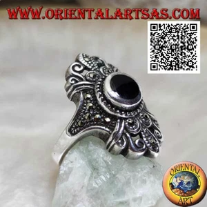 Anillo de Plata 925‰ Ónix Redondo en Su Montura Fiorentina Con Marcasita - Imagen 1 de 3