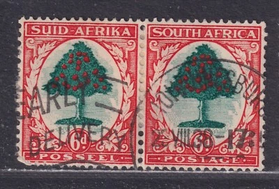 South Africa Scott 59 VF Used 1937 6d Orange & Green Type I Pair SCV $27.50 - Image 1 of 2