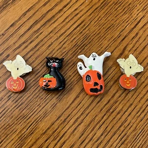 Halloween Button Covers Pumpkin Ghost Black Cat Enamel Seasonal VTG - Picture 1 of 5