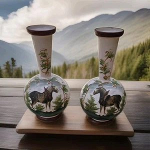 Czech Bohemian Garniture Mantel Vases Hand Painted Horses Antique c 1890 12.5" - Picture 1 of 6