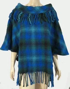 Vintage Blue Plaid Poncho Cape Wool Blend Fringe Hippy Handmade L - Picture 1 of 5