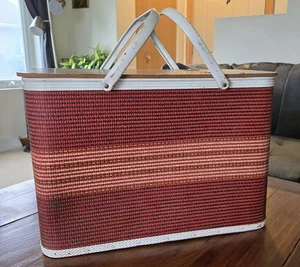 Vintage Redmon Woven Picnic Basket Metal Handle Hinged Lid USA Burgendy - Picture 1 of 21