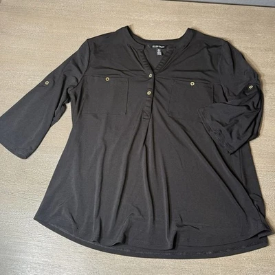 Blusa Camisa Top Ellen Tracy Mujer Grande Negra Botón Cuello en V Manga 3/4 Foto 1 de 4