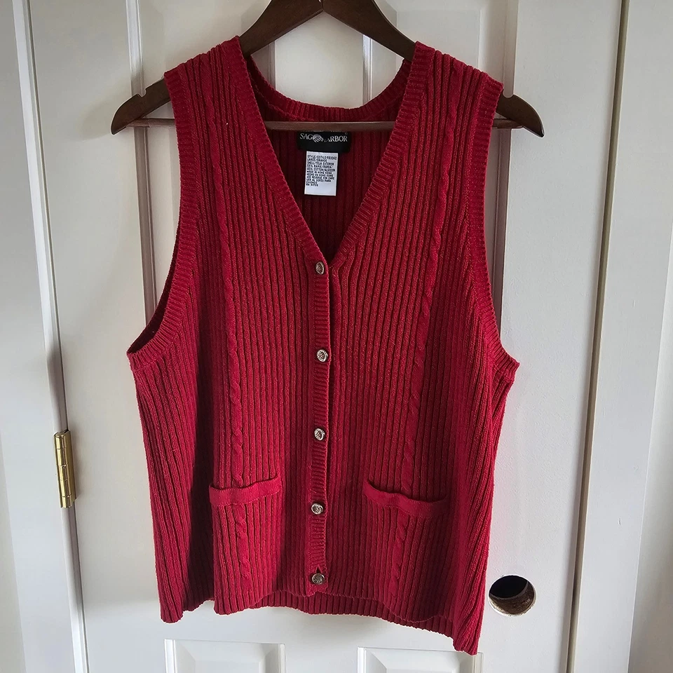 Sag Harbor винтажный красный вязаный жилет кабель трикотажа V шеи без рукавов верхний большой - Изображение 1 из 4