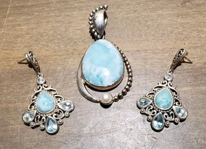 Vintage .925 Sterling Silver Blue Larimar Aquamarine Pendant And Earings Set - Picture 1 of 14