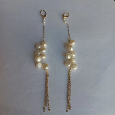 Stamped 14K GF White Flat Pearl & Chain Long Drop Earrings Dainty  Coquette - Image 1 of 4