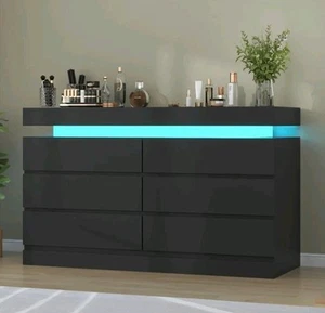 LED Modern 6 Drawer Dresser with Sliding Desktop,Wide Chest of Drawers, Black - Picture 1 of 4