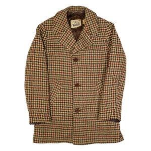 Vintage WOOLRICH Mens Overcoat Jacket Brown Wool 90s Houndstooth S - Picture 1 of 6