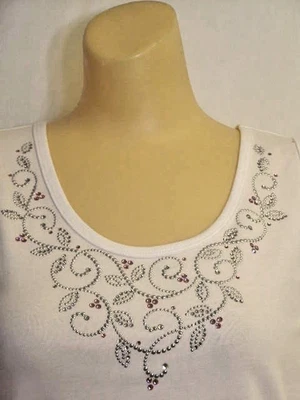 Christine Alexander White shirt tank top FITTED Size M pink & silver vines - Image 1 of 2