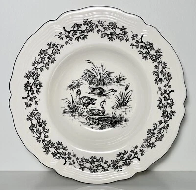 Tabletops Unlimited New England Toile Gamebirds Rimmed Soup Bowl Ducks 9 3/8" - Image 1 of 2