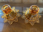 WESTMORELAND AMBER GLASS CANDLE STICK HOLDERS RING AND PETAL VINTAGE SET OF 2