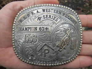 Silver NSPRA CHAMPION Belt Buckle 1993 Rodeo GP SP Barrel GIST Trophy RARE VG+ - Picture 1 of 4