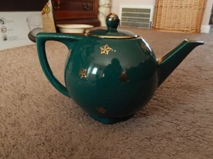 Vintage HALL USA Porcelain Green with Gold STARS 6 Cup Teapot #0740 Made in USA - Picture 1 of 15