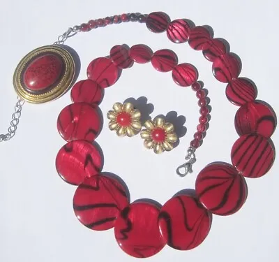 COLLIER Halskette BROSCHE OHRCLIPS Rot Gablonzer Schmuckset Vintage Modeschmuck • 14.99€