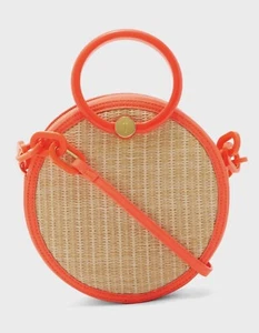 TED BAKER LONDON AGNETI RESIN HANDLE STRAW CIRCLE BAG IN NEON ORANGE NWT - Foto 1 di 7