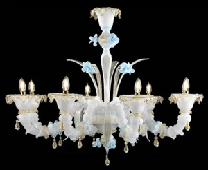 White Venetian Chandelier In Murano Glass Handmade In Italy 8 Lights - Picture 1 of 9
