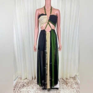 Maxi abito nuovo con etichette The Sang taglio trasparente color block Halter oliva multi taglia small - Foto 1 di 13