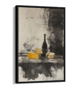 CHEESE AND WINE STILL LIFE PAINTING -FLOAT EFFECT FRAMED CANVAS WALL ART PRINT - Picture 1 of 12