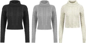 Womens Long Sleeve High Neck Cable Knitted Crop Jumper Warm Pullover Sweater Top - Picture 1 of 3