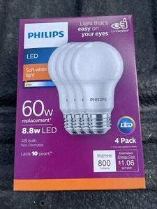 PHILLIPS A19 E26 Medium LED Bulb Soft White 60 Watt 4 Pack X 2 Total 8 Bulbs - Picture 1 of 5