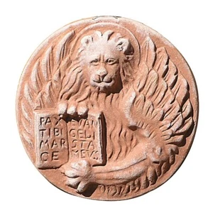 Decoration Emblem Lion Saint Marco Above Embossed Clay Italian Ø 5 7/8in - Picture 1 of 1