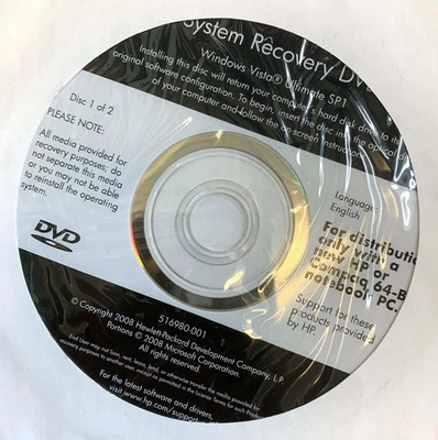 HP COMPAQ | SYSTEM RECOVERY DVD SET ✪NEW✪ 516980-001 VISTA ULTIMATE SP1 2 DISCS - Image 1 of 4