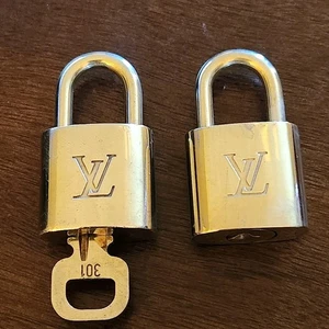 Authentic Louis Vuitton Lock and Key Set 2 Padlocks 1 Key # 301 Gold Tone Brass - Picture 1 of 9