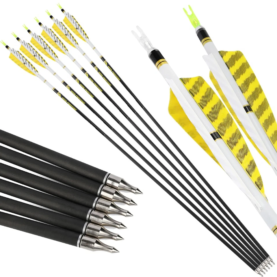 28-32" Pure Carbon Arrows ID6.2mm SP300-800 Archery 4" Feathers Recurve Bow Hunt - Image 1 of 4