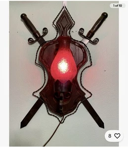 Medieval Vintage Gothic Brutalist Metal Scroll Wood Swords Wall Sconce Light - Picture 1 of 10