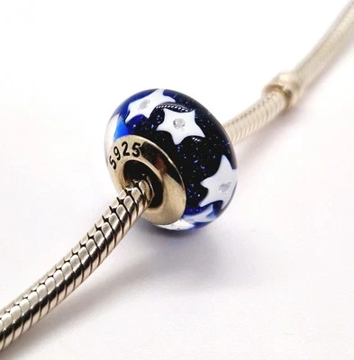 🩷 Navy White Star Glass Murano Bead Charm Genuine S925 Sterling Silver 🩷  - Image 1 of 4