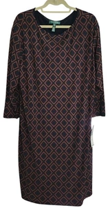 Lauren Ralph Lauren Women’s Shift Dress Size 16 Black Brown Geometric Print - Picture 1 of 6