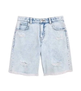 Girl's Denim Shorts Mid Length, Size-8 Frayed Hem Adjustable Waist - Picture 1 of 7
