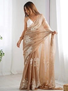 Women's Shimmer Organza Sequence Embroidery Saree With Unstitched Blouse Piece - Picture 1 of 6