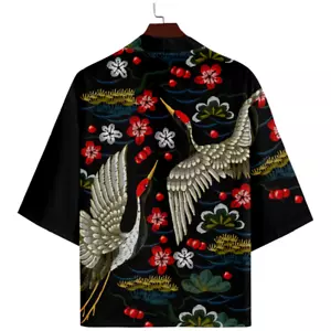 Men Japanese Kimono Baggy Yukata Bathrobe Cardigan Crane Tops Outwear Summer Tee - Picture 1 of 9