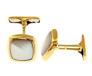 18K YELLOW GOLD CUFFLINKS, SQUARE 14mm BUTTON WITH MOTHER OF PEARL MADE IN ITALY