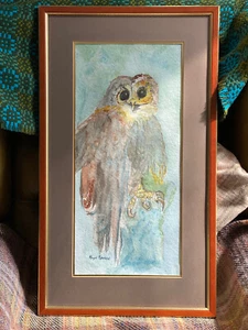 Original Vintage Owl Watercolour Painting Signed Margrid Rowland Framed - Picture 1 of 8