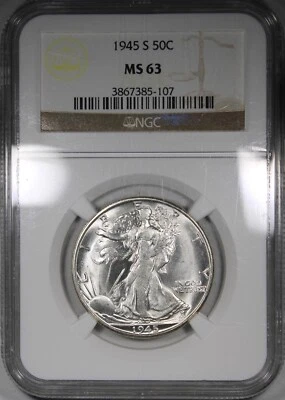 Meio dólar 1945-S Walking Liberty NGC MS63 principalmente branco chamativo PQ+ - Imagem 1 de 2
