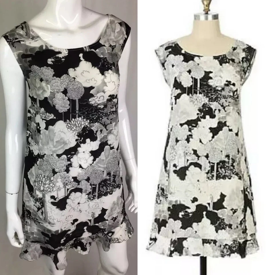 Vestido Anthropologie Moulinette Soeurs 4 Tons de Seda Cinza Pássaros Coruja Shift $168 - Imagem 1 de 4