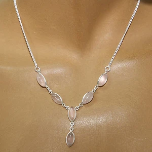 Quarzo Rosa Argento Collana 925 Collier 40cm Catena 6 Cabochon Pietre Preziose - Foto 1 di 4
