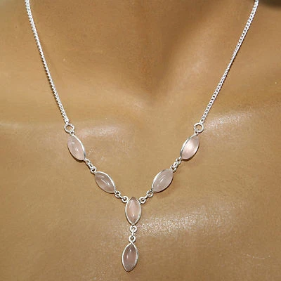 Quarzo Rosa Argento Collana 925 Collier 40cm Catena 6 Cabochon Pietre Preziose - Immagine 1 di 4