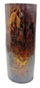 Antique 10.5" x 4" Bird & Branch Japanese Wood & Copper Ikebana Log Vase - Picture 1 of 14