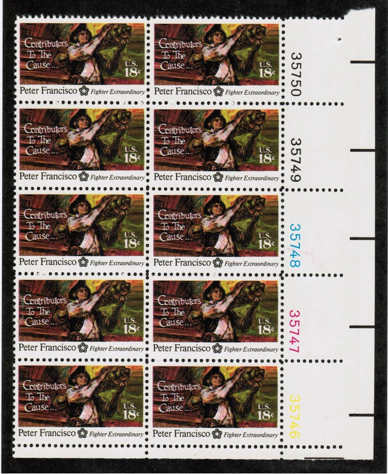 US USA Sc# 1562 MNH FVF PLATE # BLOCK of 10 Bi-Centennial Peter Francisco Cannon - Image 1 of 1