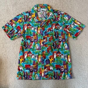 Men's Size XS Vibrant European Village Decorated Short-Sleeve Button Down Shirt - Picture 1 of 8