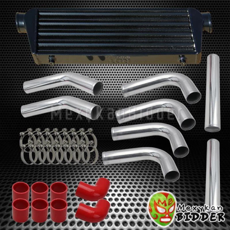 Kit de tuberías cromadas intercooler negro universal de 3,0" 8 piezas + acoplador rojo + abrazaderas en T Foto 1 de 1