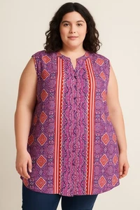 Violet + Claire Damen Bluse 1X Ärmellos Lila Rot Geometrisches Boho Print Top - Bild 1 von 10