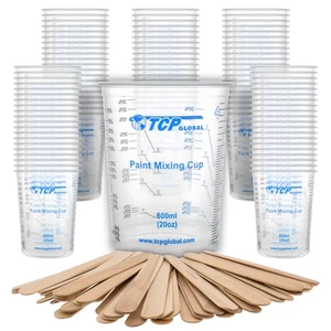20oz (600ml) Flexible Clear Graduated Plastic Mixing Cups 100pk & 50 Mix Sticks - Picture 1 of 5
