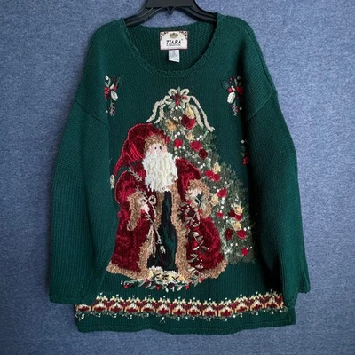 Vintage 90's Tiara International Santa Christmas Tree Knit Sweater Womens XL - Image 1 of 4