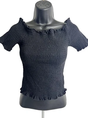 H&M Shirt Womens Medium Black Smocked Shirred Ruffle Lettuce Edge Stretch Top - Image 1 of 4