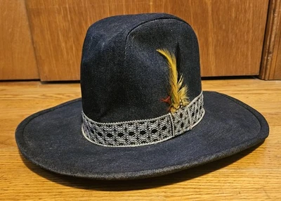 Vtg 70s Denim Cowboy Hat w/ Feathers Sz 7-7 1/8 M United Hatters Union Logo USA - Image 1 of 4